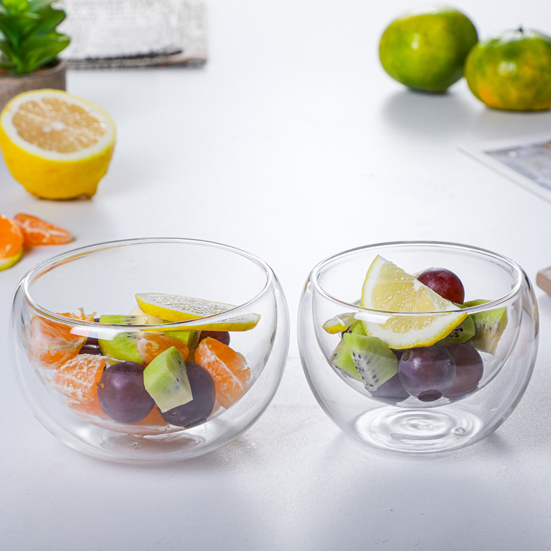 Japanese-style double-layer insulated glass bowl, transparent household double-layer fruit salad bowl, cereal breakfast salad bowl details Picture