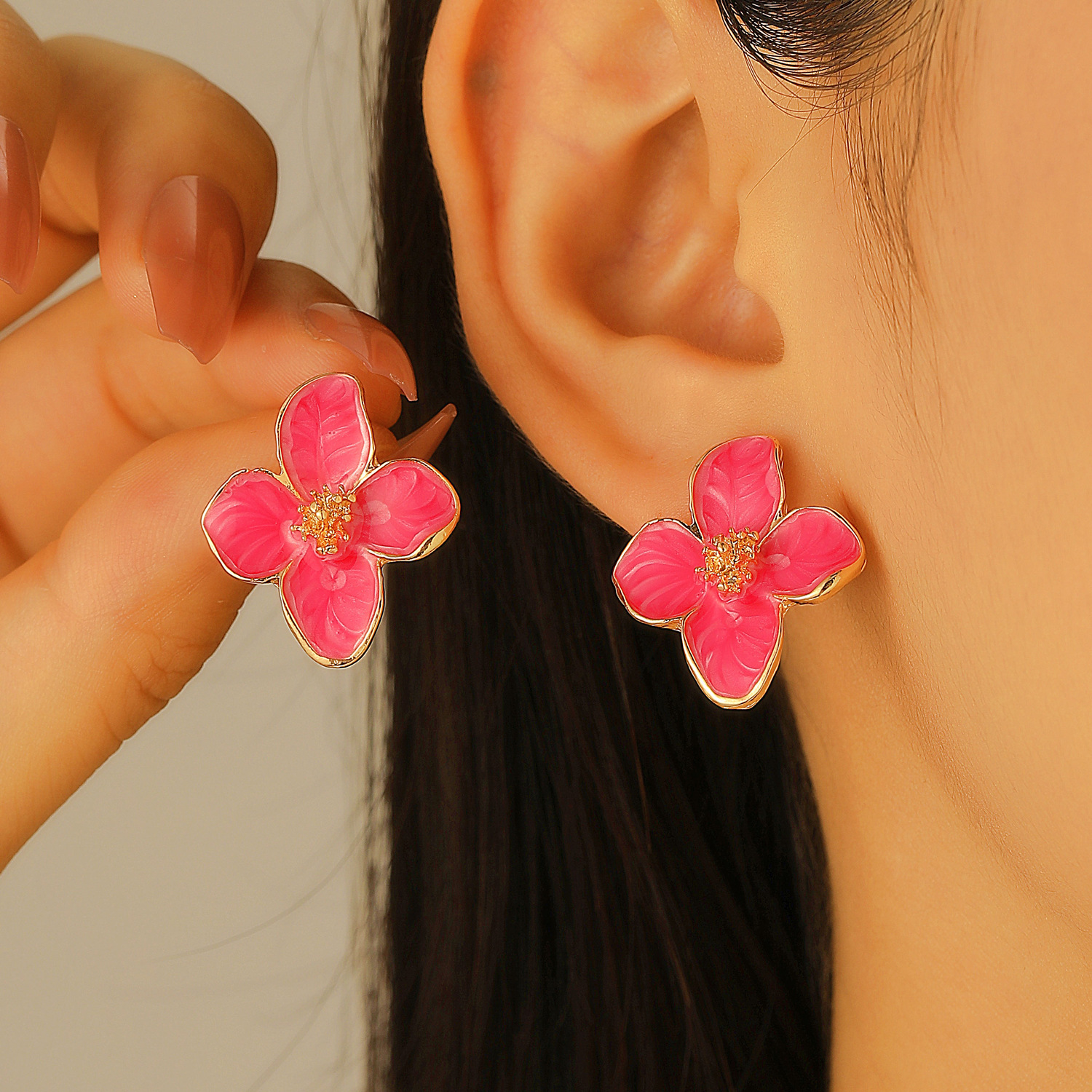 Oil petal stud earrings, four-petal flower alloy oil drip flower stud earrings, roselle three-dimensional high-end earrings for women details Picture