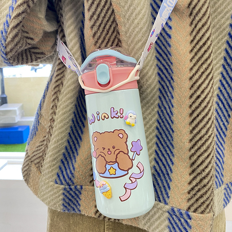 Hot-selling portable thermos cup with cartoon pattern direct drinking straw, a must-have for both boys and girls in outdoor office work, customizable Application Scenario