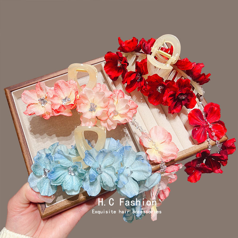 High-end floral tassel hair clips for women, gentle semi-tied hair clips, sweet back of the head, updo shark clips full figure
