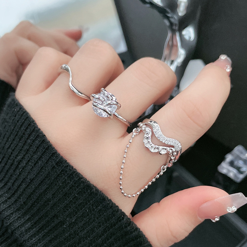 A niche design chain tassel zircon open ring for women, a light luxury, exquisite and fashionable ink-style ring trend details Picture