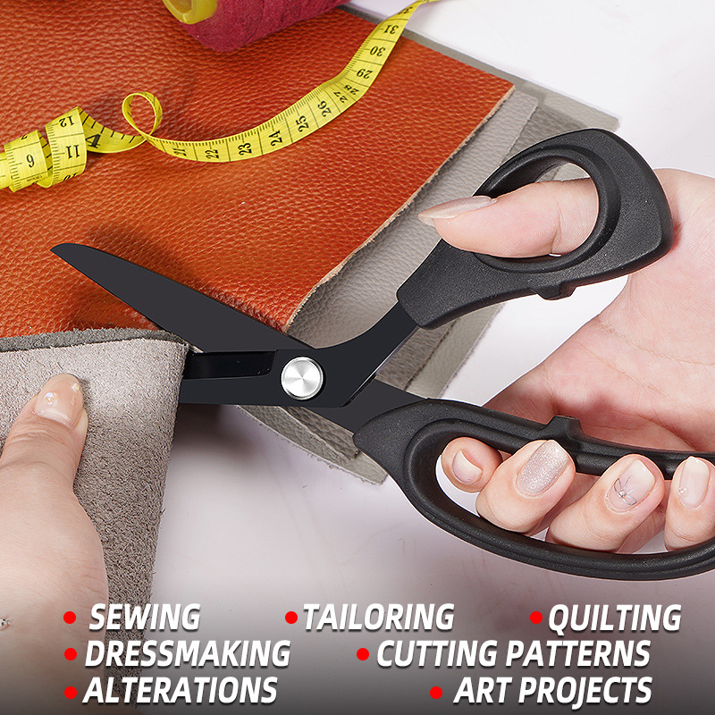 Direct supply of rubber and plastic lightweight tailoring clothes, fabric scissors, household black titanium thread scissors, office scissors, cross-border supply Specification drawing