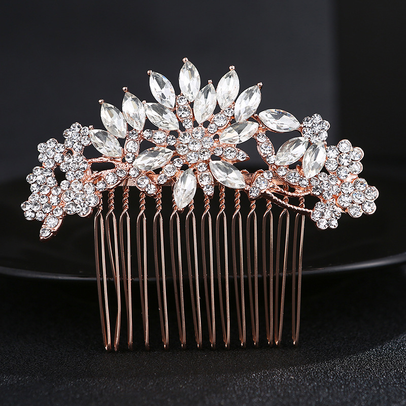 European and American cross-border bride accessories, water diamond flower hair comb, Korean version new hair accessory, retro alloy diamond-encrusted hair comb full figure