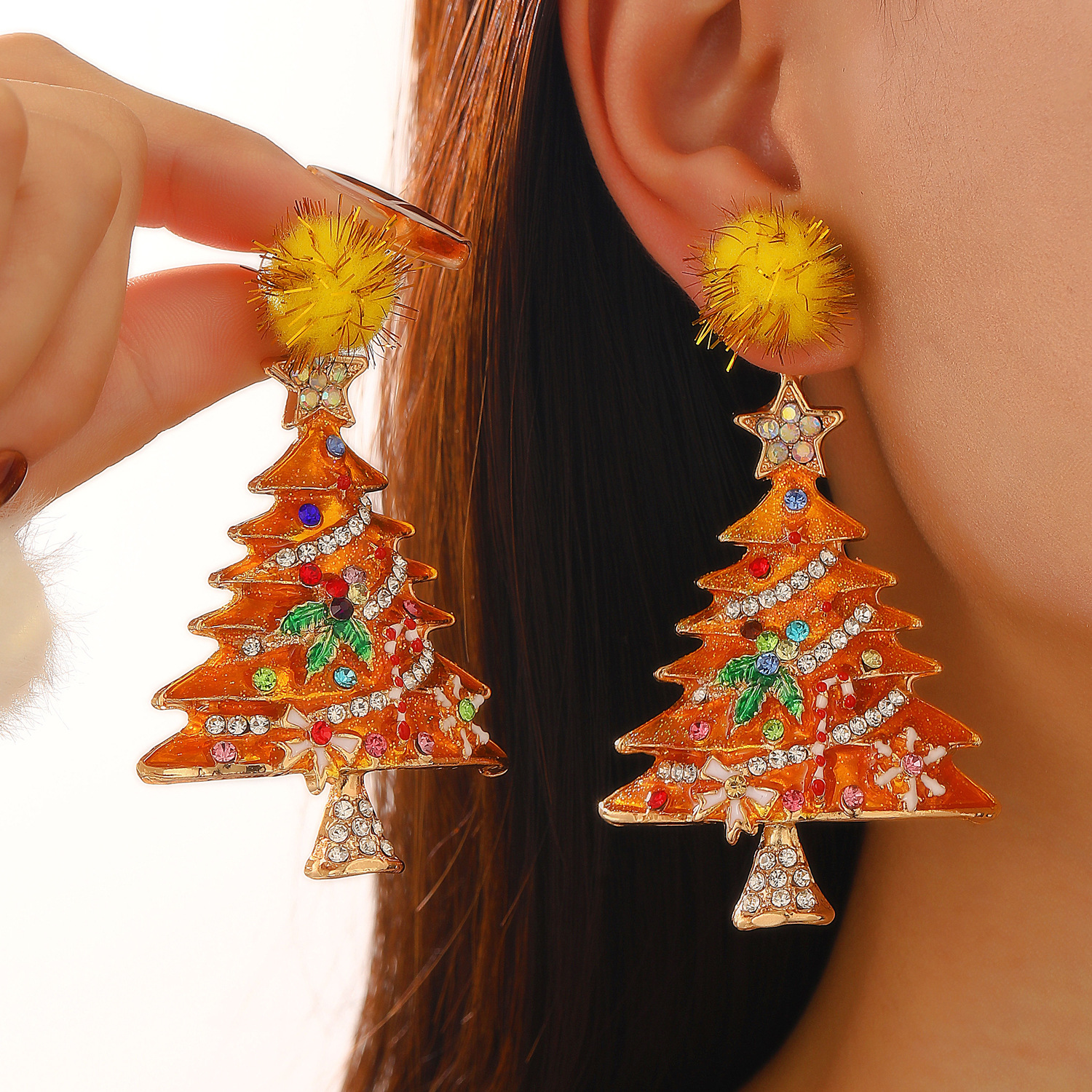 Wholesale of European and American cross-border Christmas ornaments, including colored diamond alloy oil-drip Christmas tree stud earrings and fashionable and elegant women's earrings details Picture