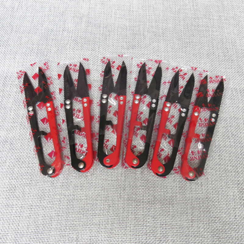 Golden Sword thread end Scissors, small scissors, spring yarn shears, U-shaped yarn shears with teeth and holes, K5 black steel yarn shears Specification drawing