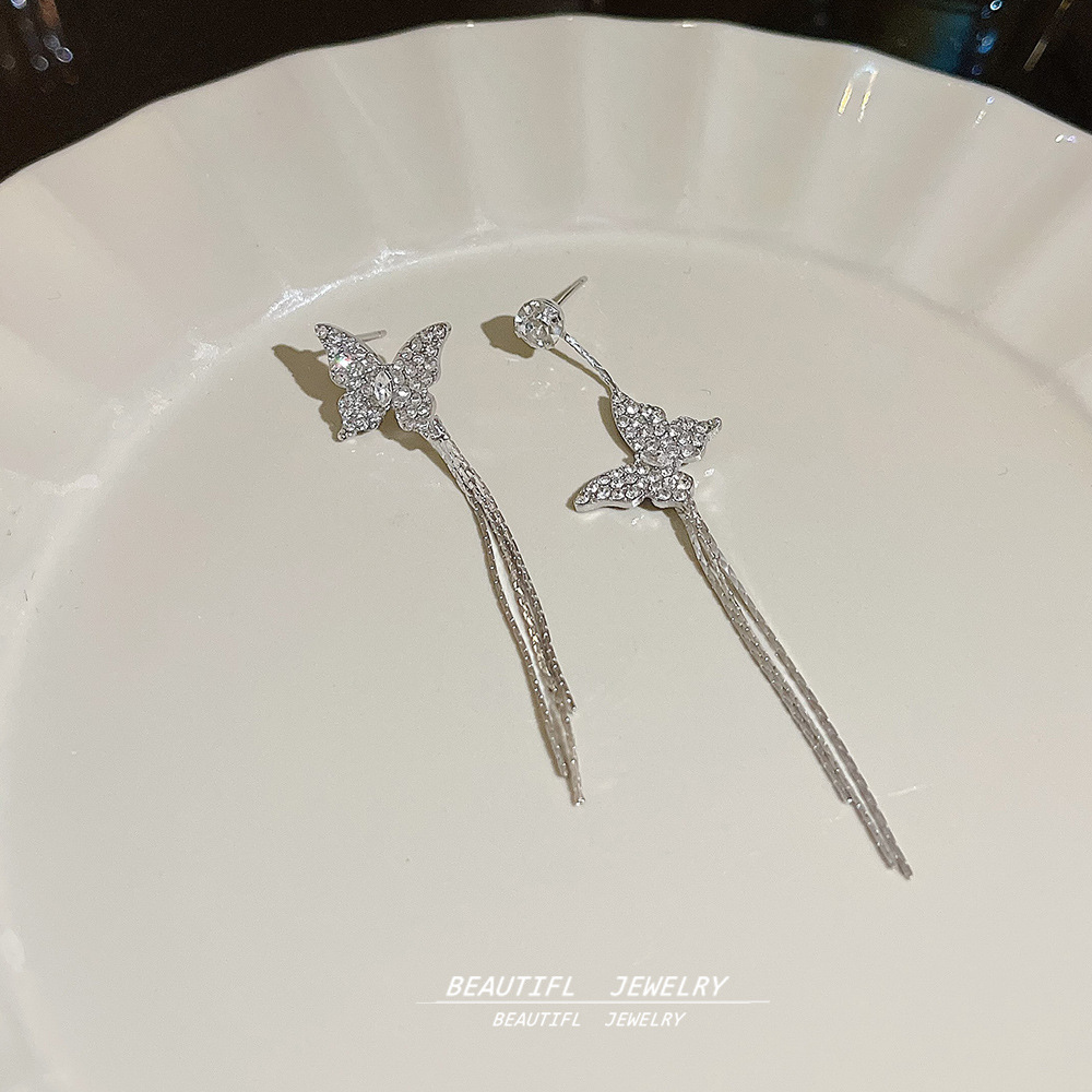 The new Korean-style ultra-sparkling asymmetrical butterfly tassel earrings feature a light luxury and niche design, which is simple and versatile details Picture