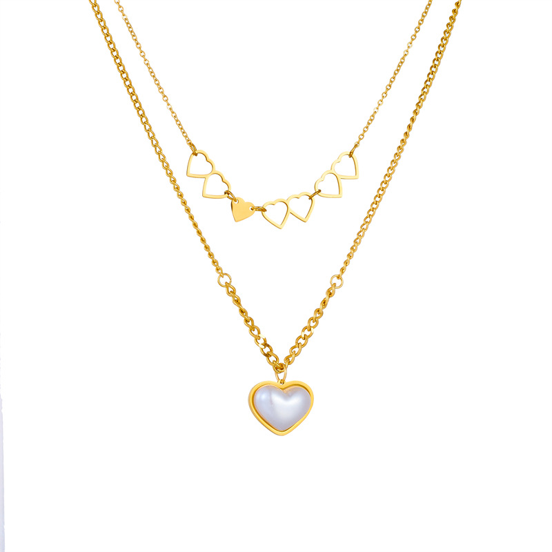 European and American fashion, creative, individualistic, and unique double-layer layered hollowed-out double heart pendant chain pearl heart necklace Item Picture