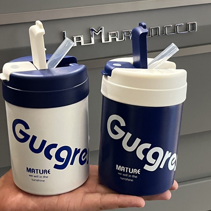 Ins-style insulated cup with straw, double drinking cup, high school girls' appearance level coffee cup, simple and portable cup with stickers included Application Scenario