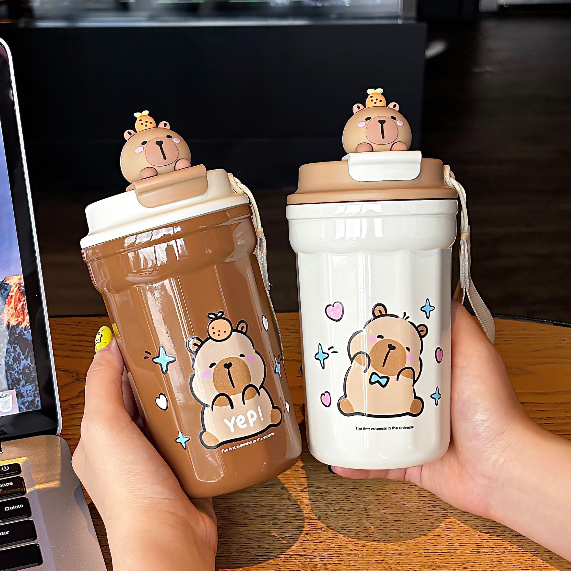 Capibara student portable coffee thermos cup, sturdy handle, independent figurine, direct drinking cup mouth, water cup Specification drawing