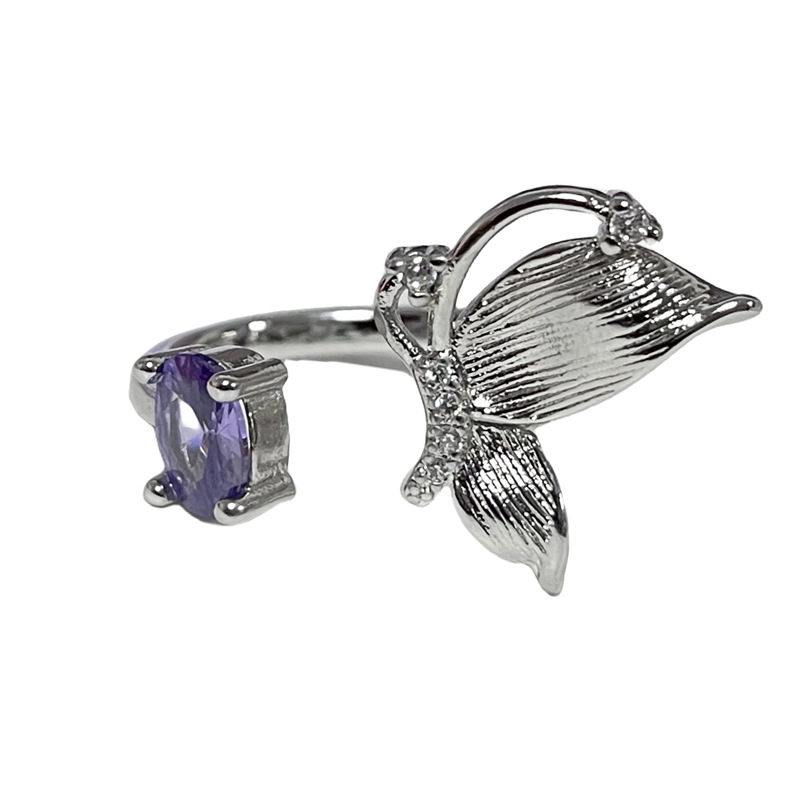 A pink, purple, diamond, butterfly-shaped, sweet and cool ring for women's fashion, an ins style, a niche and cold style, a high-end accessory Item Picture