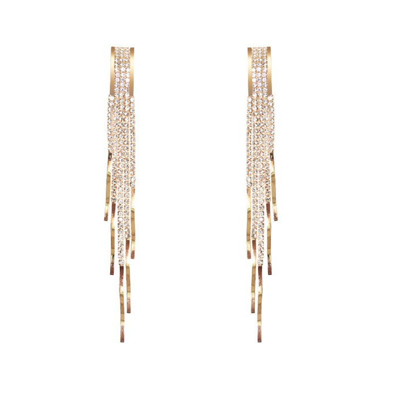 Diamond-encrusted geometric metal tassel high-end earrings, female nightclub socialite style, light luxury and grand long earrings wholesale Item Picture