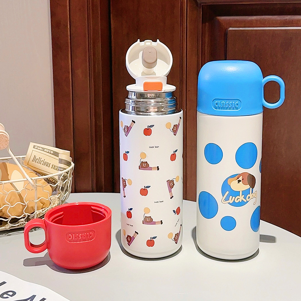 Cute cartoon dopamine insulated cup, retro stainless steel water cup, two-in-one cup gift for girl students Specification drawing