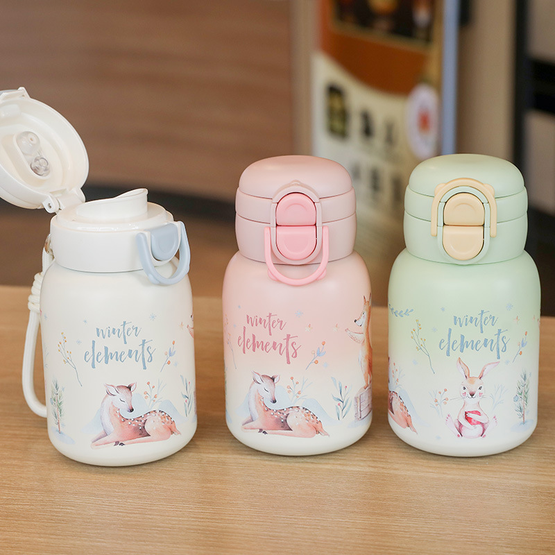 Mini children's insulated water cup, light luxury and high-end straw cup, sports outdoor anti-drop double-lid double-drinking cartoon cup full figure
