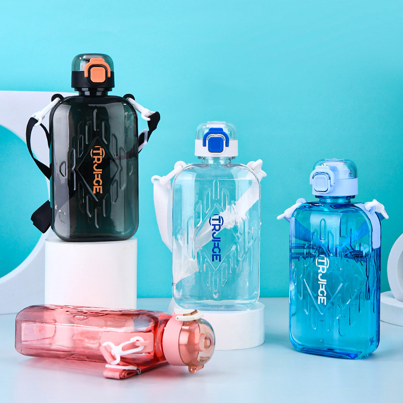 Wholesale of new Yiben flat space cup, large-capacity sports water bottle with shoulder strap, bouncing lid, direct drinking plastic cup details Picture