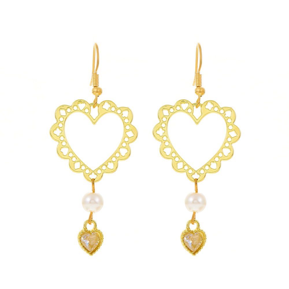 European and American ins simple hollowed-out heart-shaped earrings, retro French light luxury alloy geometric pearl heart earrings and earrings Item Picture