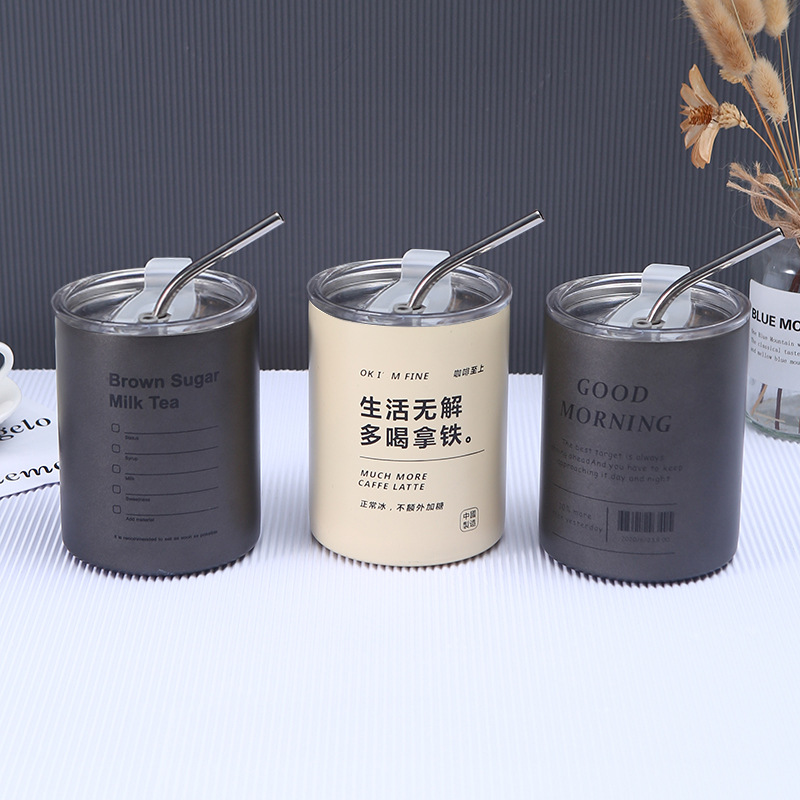 Cross-border 304 stainless steel iced American coffee cup, vacuum cup with straw, straight cup, portable insulated cup for home and office use Specification drawing