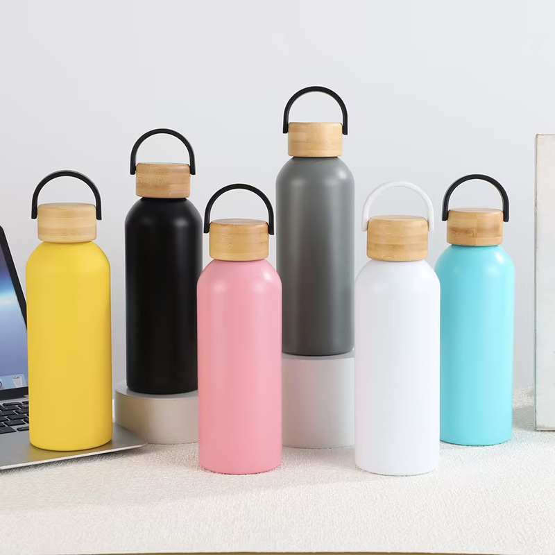 New cross-border American-style small-mouthed sports bottle, simple bamboo cap portable sports water bottle, 304 stainless steel insulated cup full figure