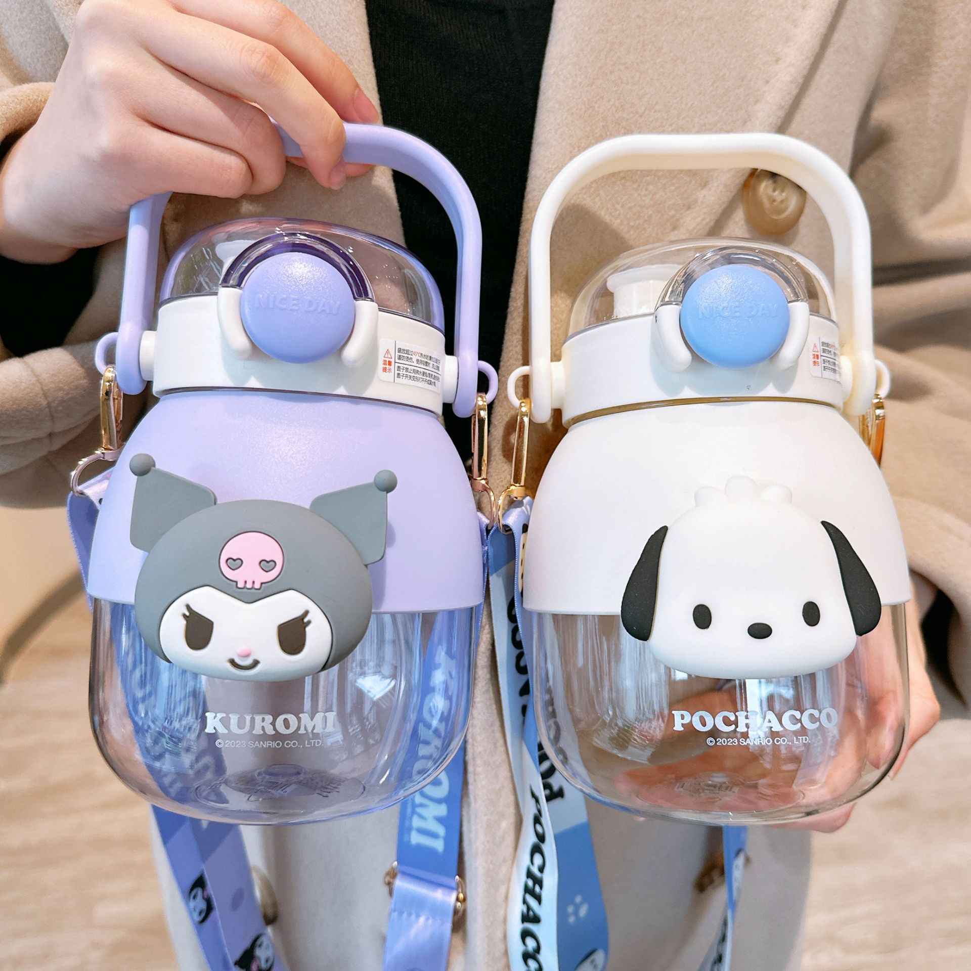 Sanrio official large-bellied cup portable high appearance level student large-capacity female double-drinking tritan plastic straw cup Specification drawing