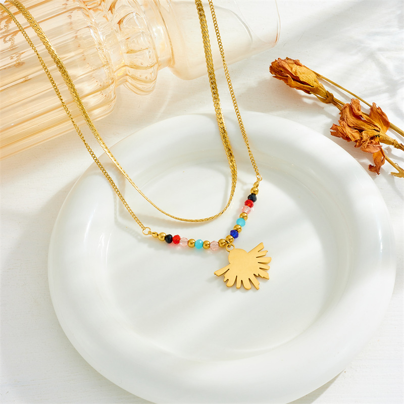 European and American niche design ethnic style colorful beaded fan-shaped turquoise stainless steel gold-plated pendant chain necklace details Picture