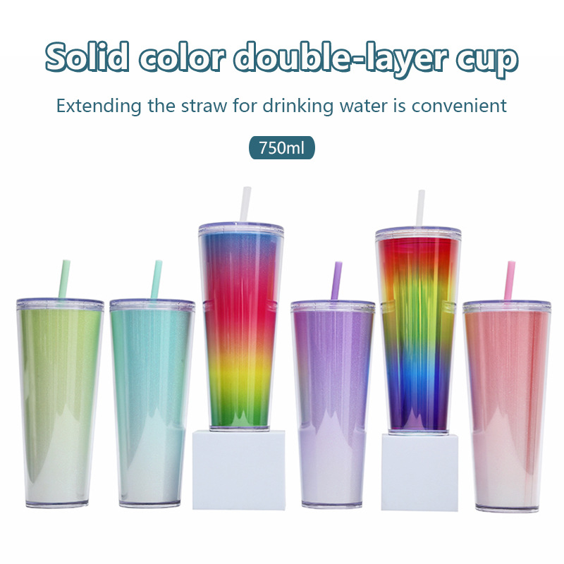 Amazon Cross-border double-layer straw water cup, creative gradient cup, high appearance level for girls, large capacity straw cup for students Specification drawing