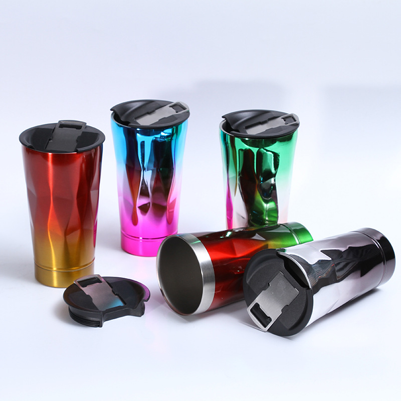 Cross-border 304 stainless steel gradient diamond-shaped beer mug portable double-layer coffee cup with built-in bottle opener beer mug details Picture
