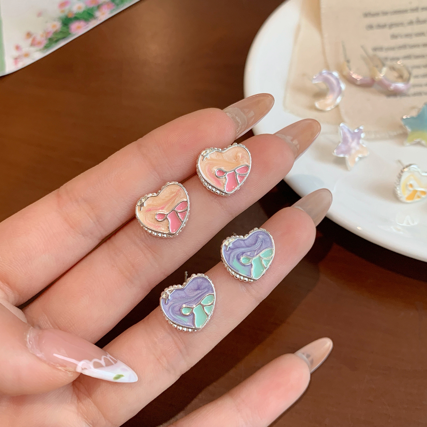 New oil-dripping, colorful, heart-shaped bow, C-ring stud earrings, women's silver needle stars, sweet, exquisite and versatile earrings details Picture