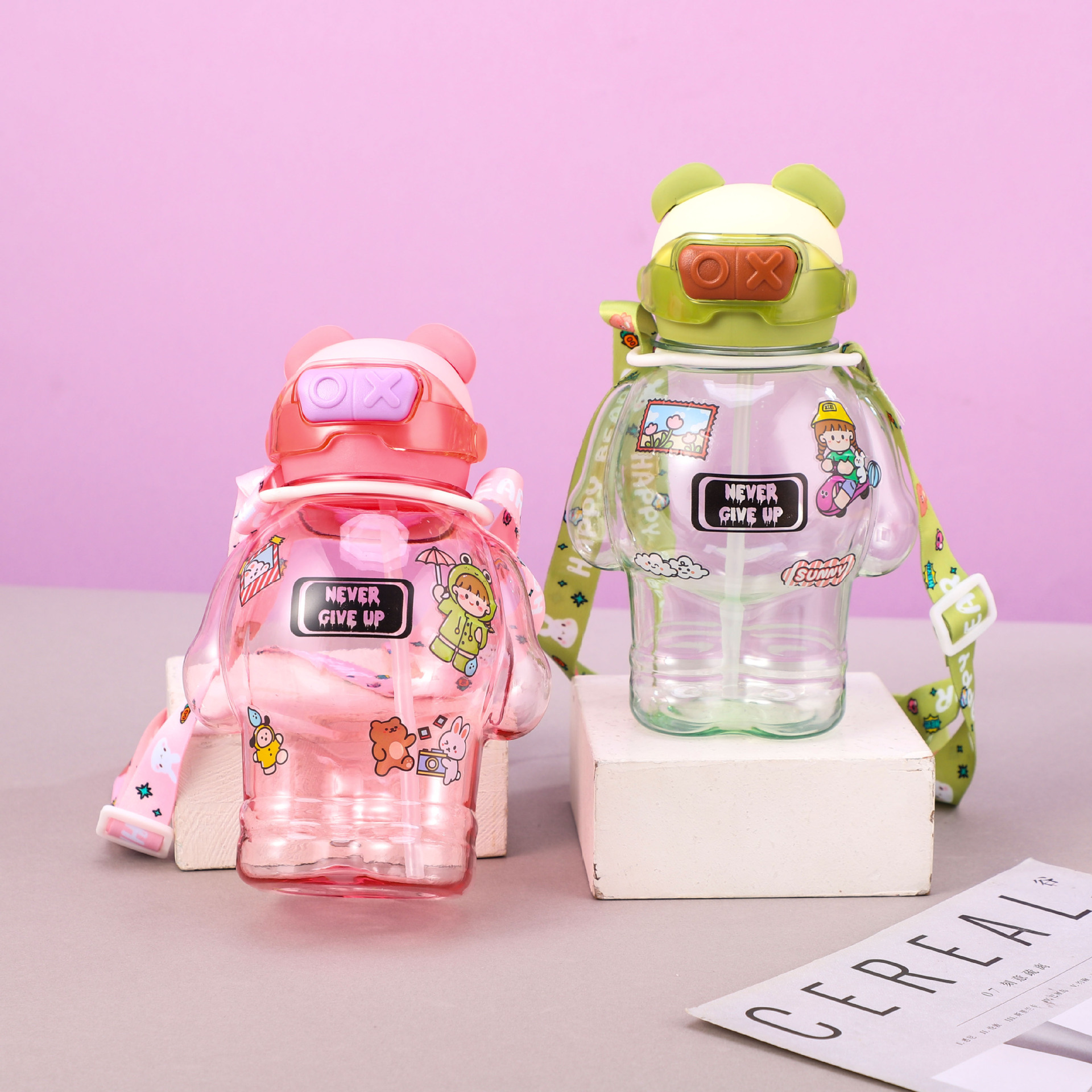 New creative vest bear water cup, summer cute children's straw cup, student outdoor portable plastic water bottle Specification drawing