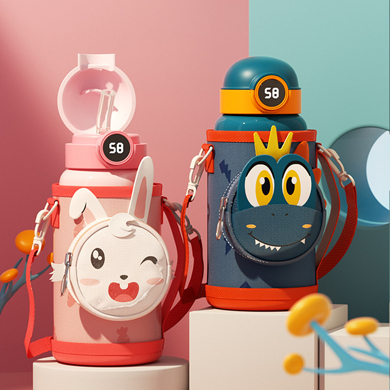 Wholesale gift box children's insulated cup, 316 stainless steel four-lid smart student big belly water cup with straw details Picture