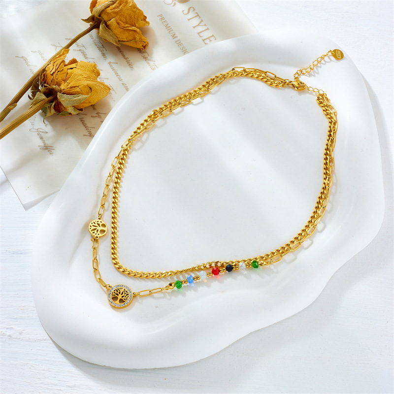 European and American fashion niche design irregular retro colorful beaded life tree pendant accessory titanium steel double-layer necklace Specification drawing