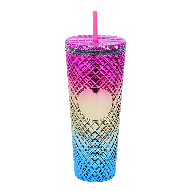 Amazon factory direct supply 710ml large-capacity water cup, irregular grid conical plastic cup, popular straw cup Item Picture