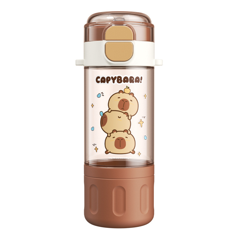Capibala double-drinking plastic cup, convenient pop-up lid water cup, cartoon children's creative straw cup, girls' portable cup Item Picture
