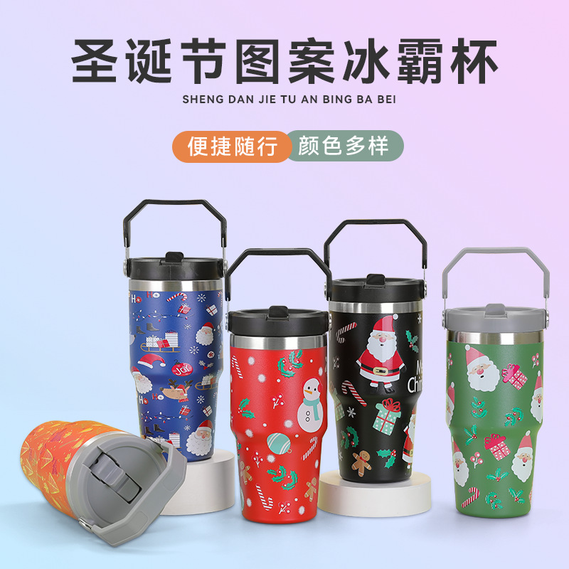 Creative new 304 stainless steel insulated cup, Christmas patterned hand-held ice cup, high appearance level outdoor car cup full figure