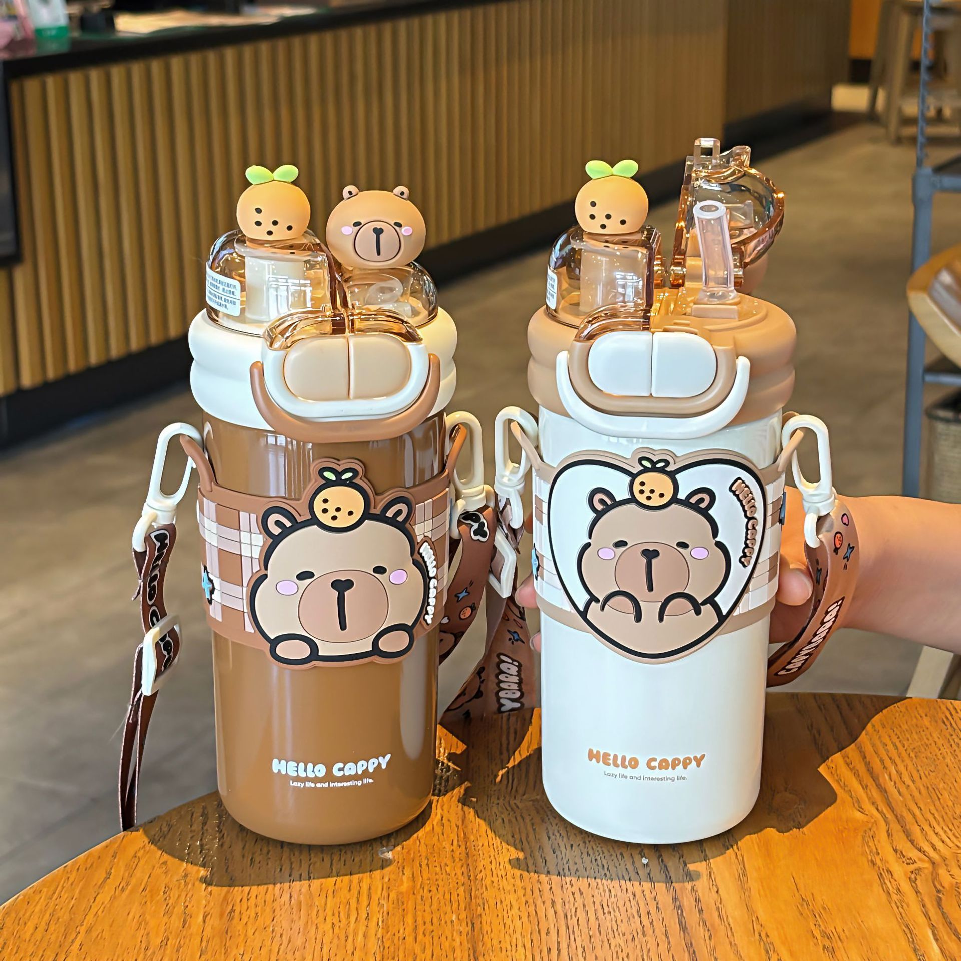 Gao Yan Kapibala cartoon double-drinking thermos cup, adjustable cup, convenient to carry, rope lock design water cup Specification drawing