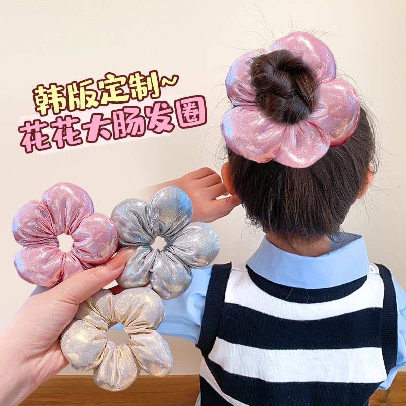Children's flower hair tie, girls' three-dimensional hair flower, bun hairstyle, ponytail headwear, large intestine circle, girls' hair tie, hair accessory details Picture