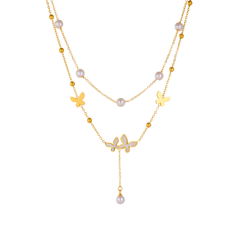 A fashionable, niche, retro and simple double-layer pearl butterfly accessory chain, stainless steel gold-plated jewelry necklace Item Picture