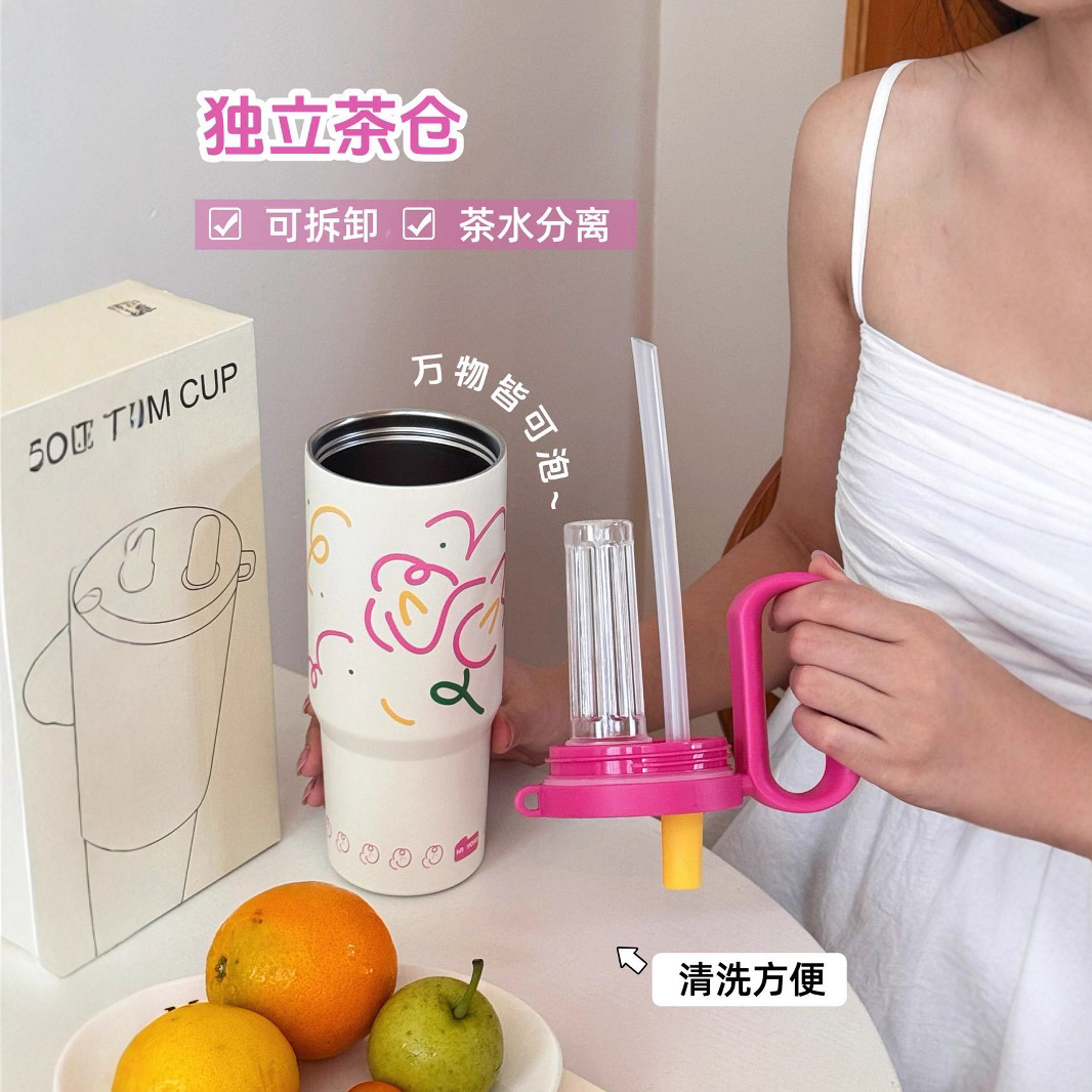 Cross-border car ice cup, simple and portable stainless steel water cup, straw cup, large capacity handle, high appearance level insulated cup Specification drawing