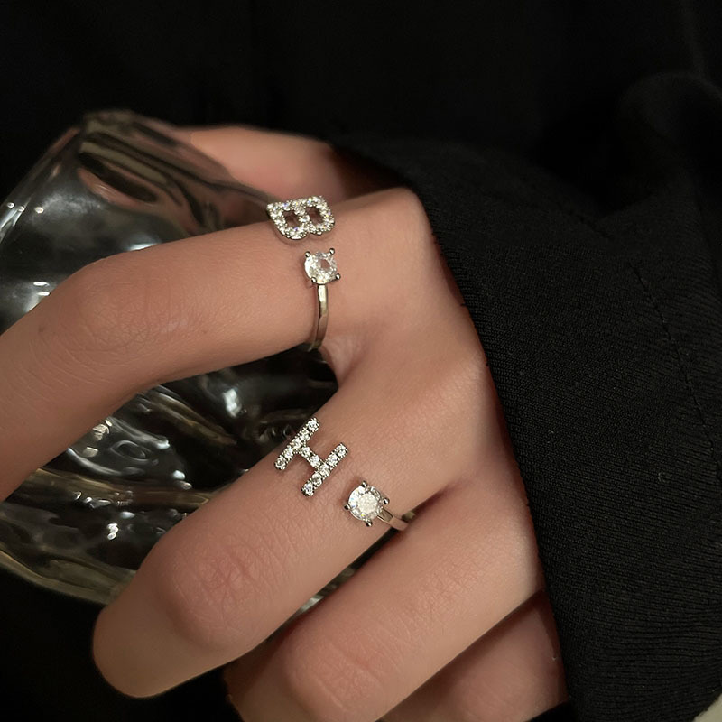 French high-end, light luxury letter-shaped zircon open ring, women's personality, Instagram niche design, cold style ring trend details Picture