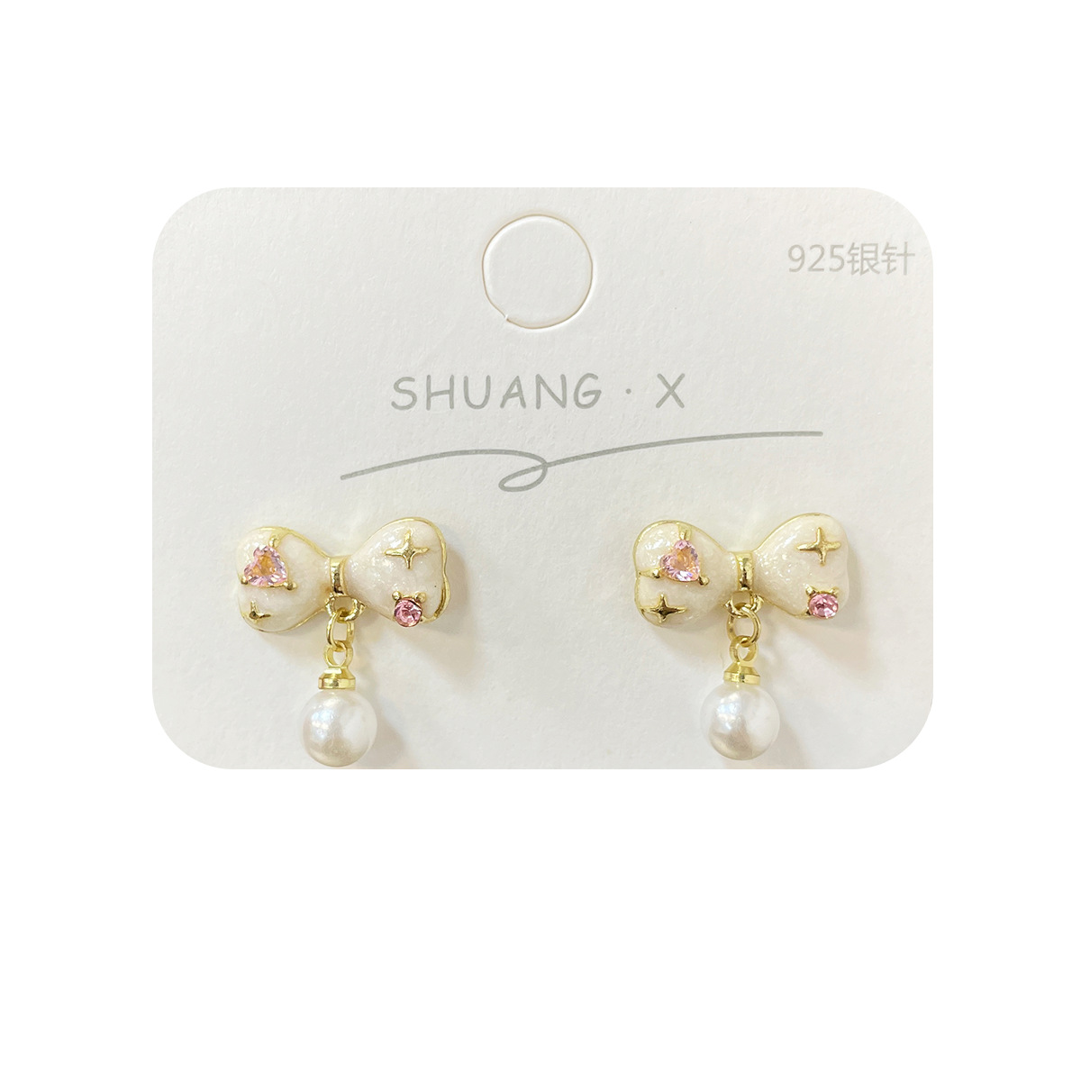 Korean style unique pink zircon oil drip bow earrings, women's silver needle pearl tassel pendant, versatile and sweet earrings Item Picture