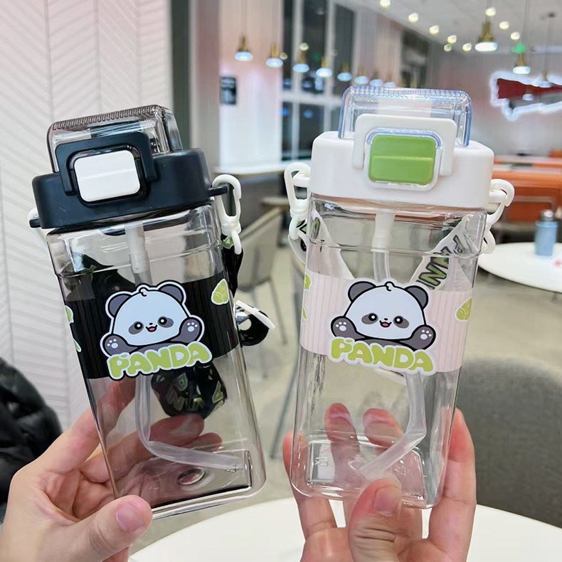 Yitong New Panda Simple Double-Drinking Plastic Cup, Portable square Cup, Cartoon Children's Water bottle, Lock buckle pop-up lid straw cup Application Scenario