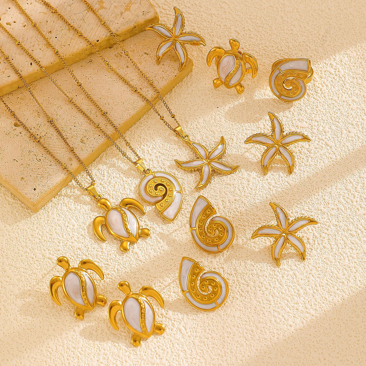 European and American cross-border ocean-style jewelry set for women, with a sense of high-end oil, starfish, conch and turtle stud necklace and ring details Picture