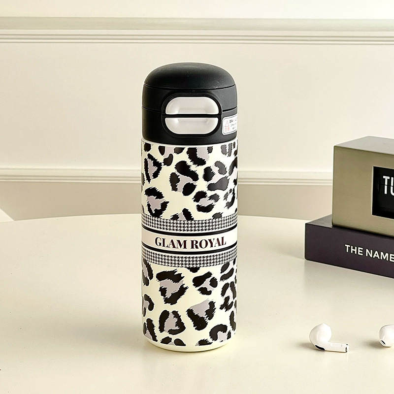 Wholesale of new leopard-print insulated cups with double bullet LIDS, high appearance standards, straw cups, portable stainless steel water cups for women details Picture