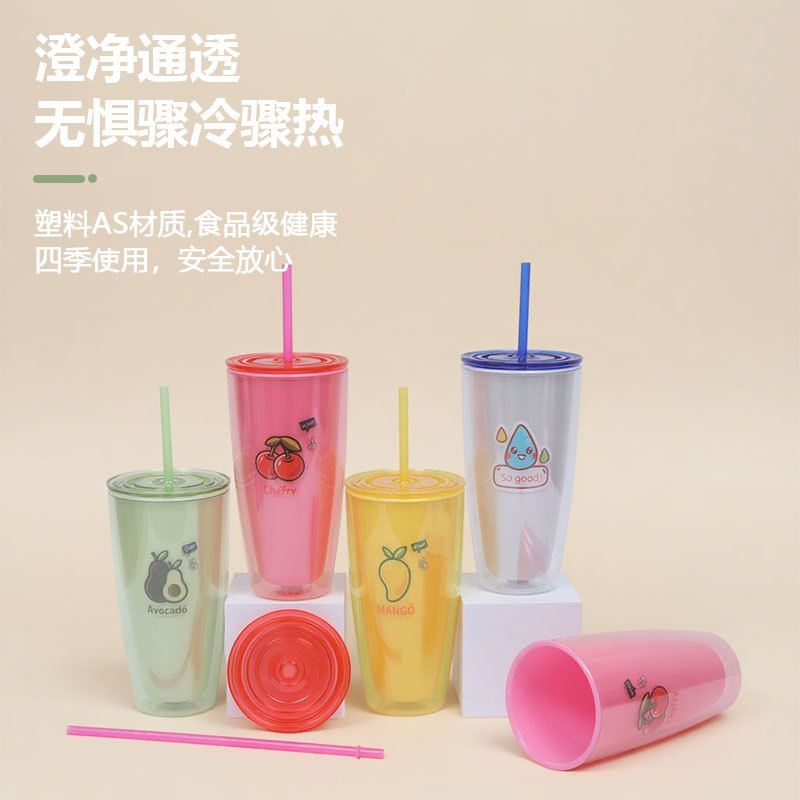 Factory direct sales of hot-selling straw cups, portable large-mouth easy-to-clean drinking cups, cartoon fruit pattern double-layer cups details Picture