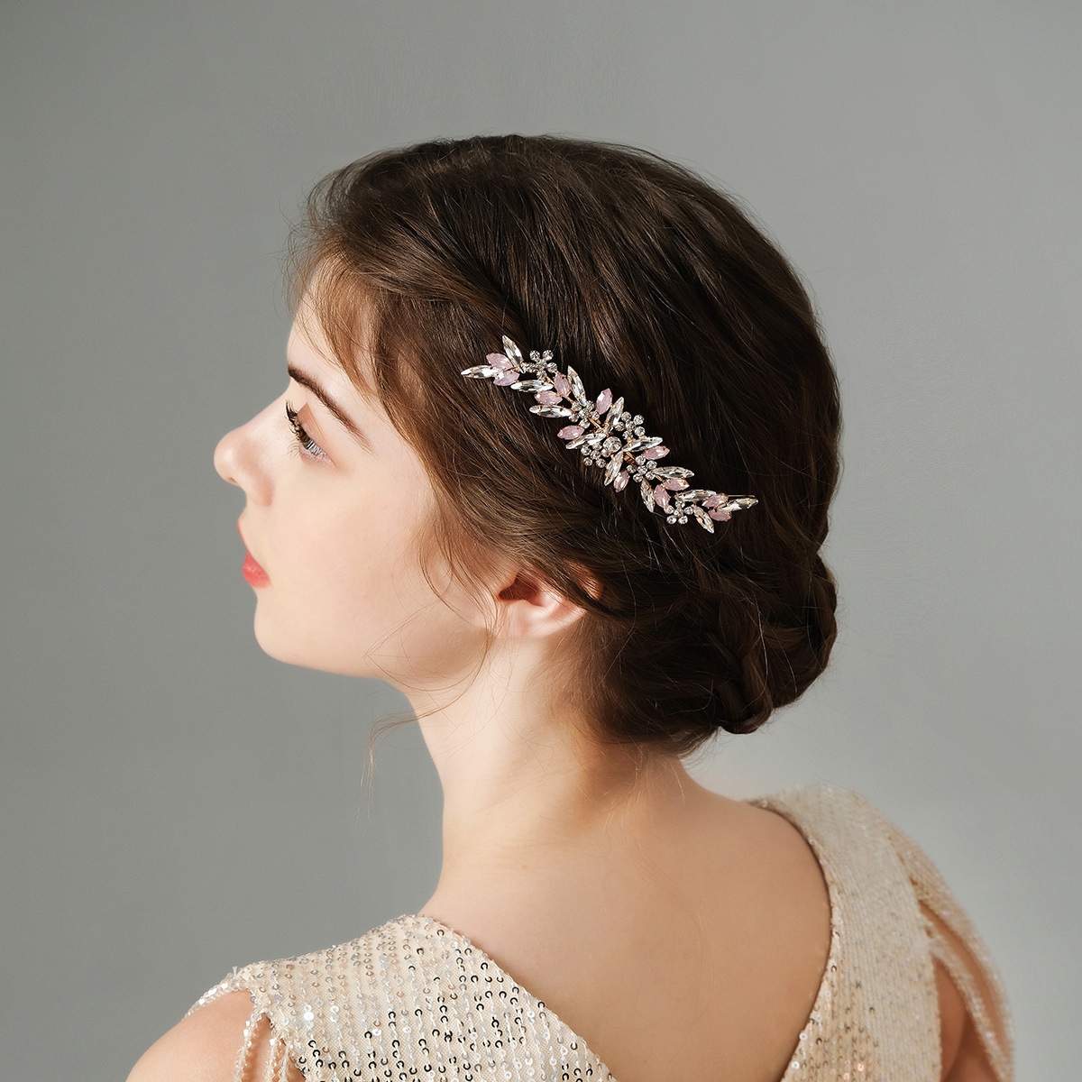European and American wedding dress accessories, headwear, horse eye pink water diamond comb, exquisite and versatile alloy accessories, five-toothed updo, hair comb full figure