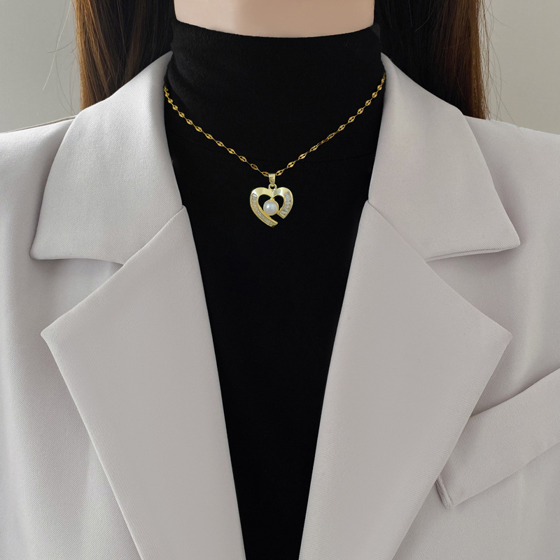 【 Titanium Steel 】 Necklace and Earring set, light Luxury Full diamond heart pearl, personalized and elegant banquet earrings and necklaces details Picture