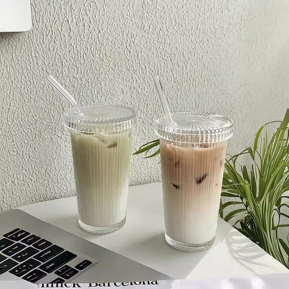 Cross-border InS-style simple vertical striped glass with lid straw cup, high appearance level, cold cup for juice, milk, coffee and beverages full figure