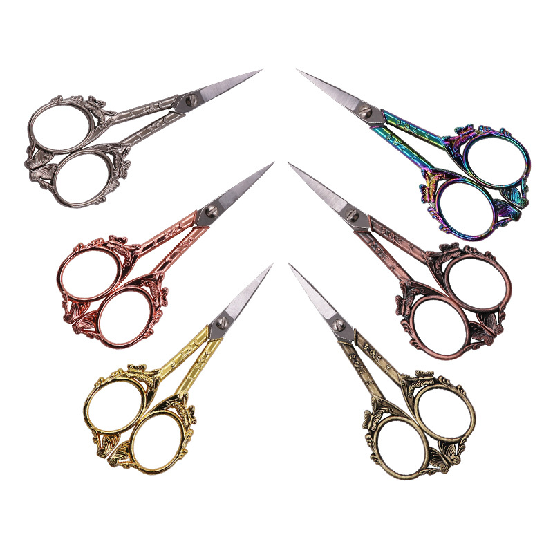 Retro butterfly scissors, stainless steel scissors, daily household scissors, tailor's fabric cutting, thread end cutting, beauty scissors Specification drawing