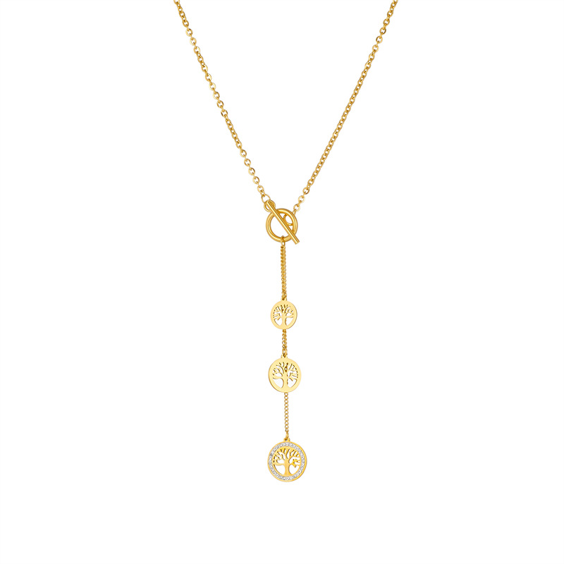 European and American fashionable and individual design, retro gold-plated titanium steel chain tassel life tree pendant accessory necklace Item Picture