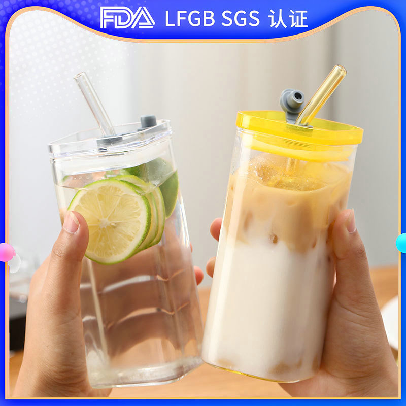 High-appearance-level covered straw heat-resistant glass cup, ins style high borosilicate milk coffee juice cup, square-mouthed glass cup full figure
