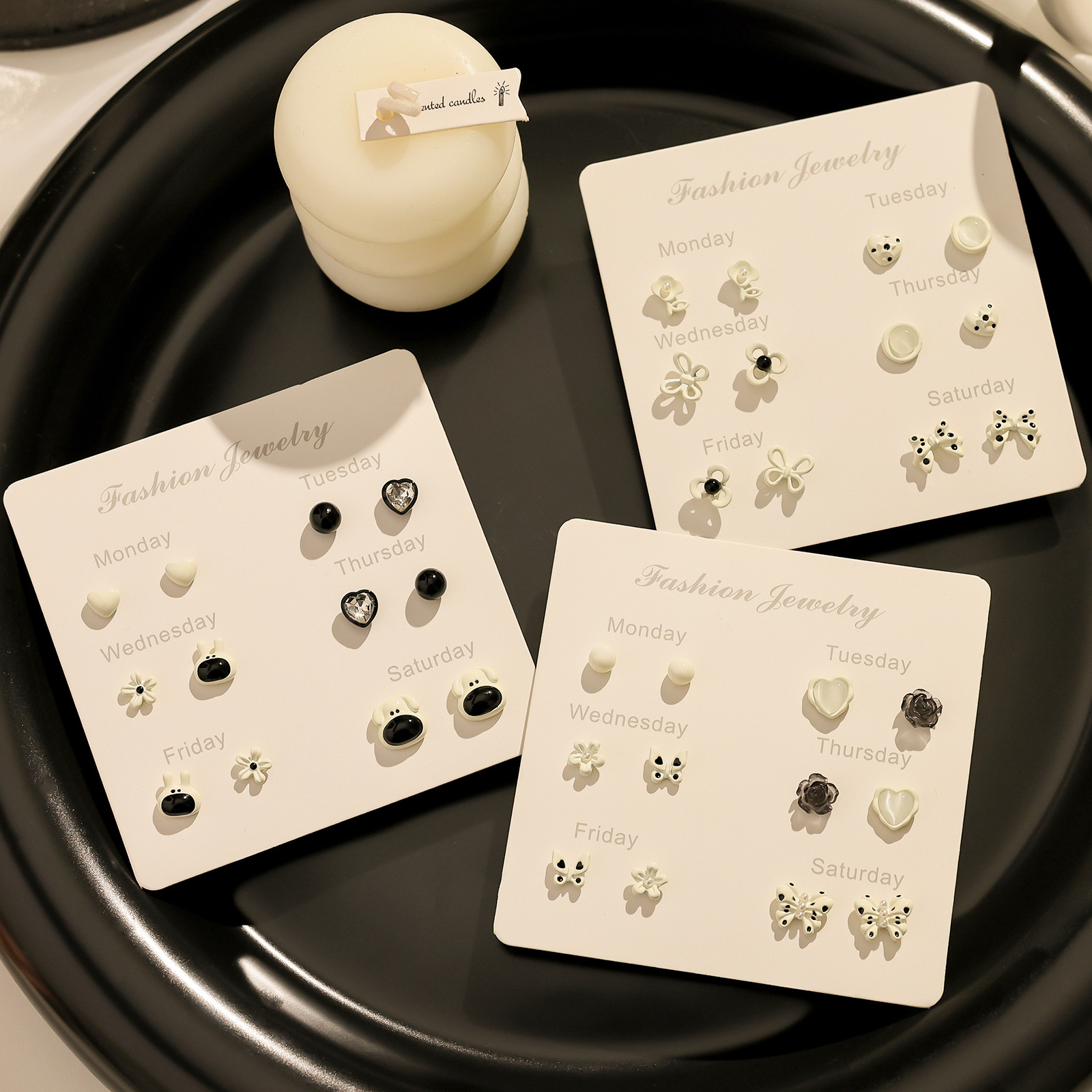 Cool Black new simple and cold style stud earrings set, versatile spotted bow earrings, personalized and elegant earrings wholesale full figure