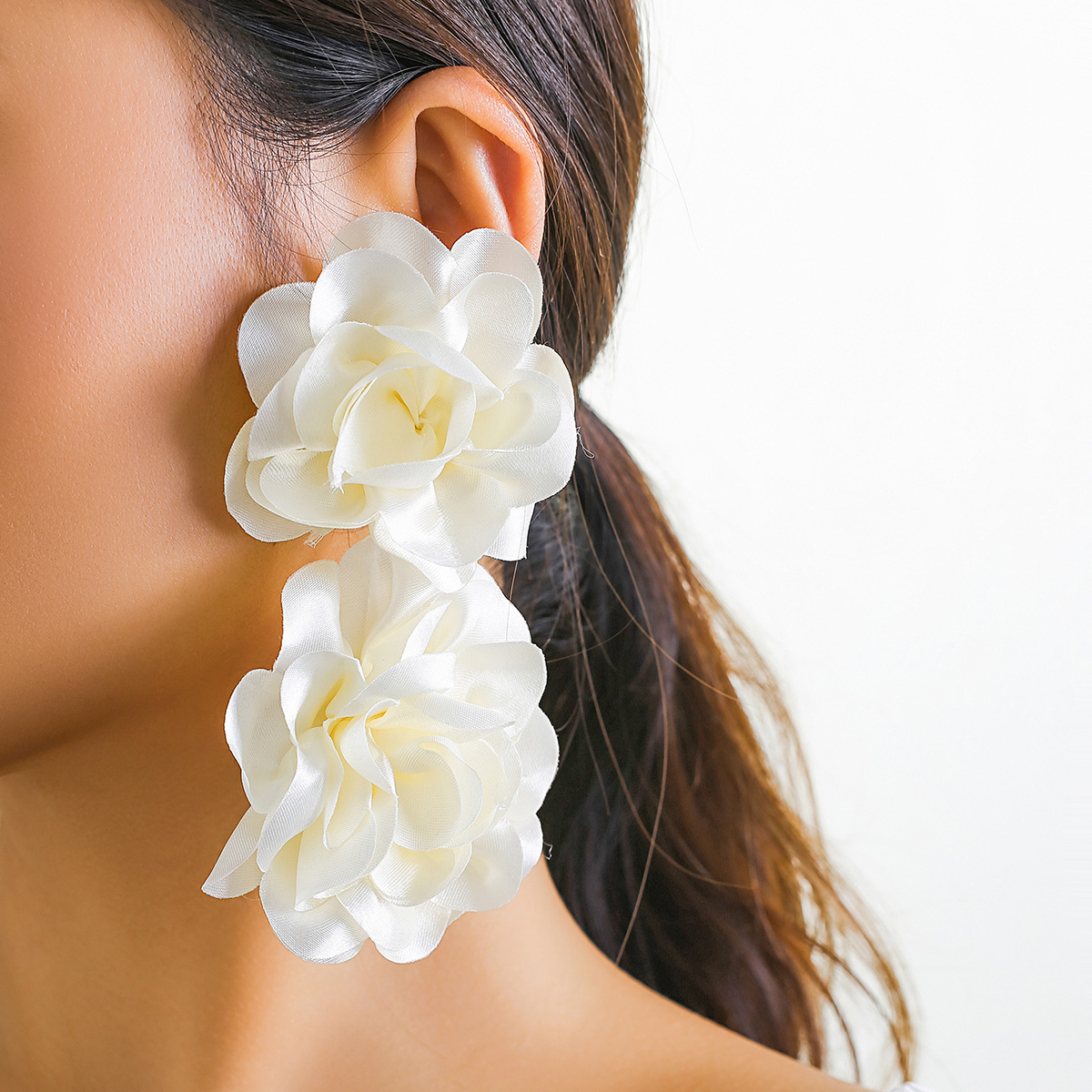 European and American style cross-border best-selling floral large stud women 's fabric earrings French retro flower tassel earrings for women details Picture